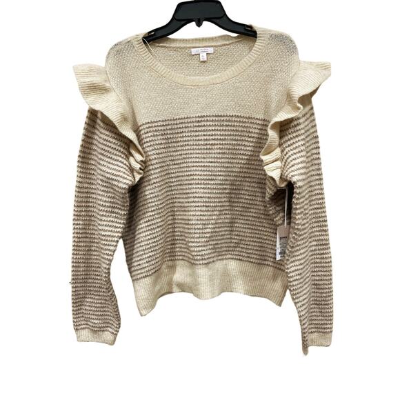 Lauren Conrad LC Sweater Women’s XXL Dizzy Striped Knit Ruffle Shoulder Cream - Picture 1 of 4